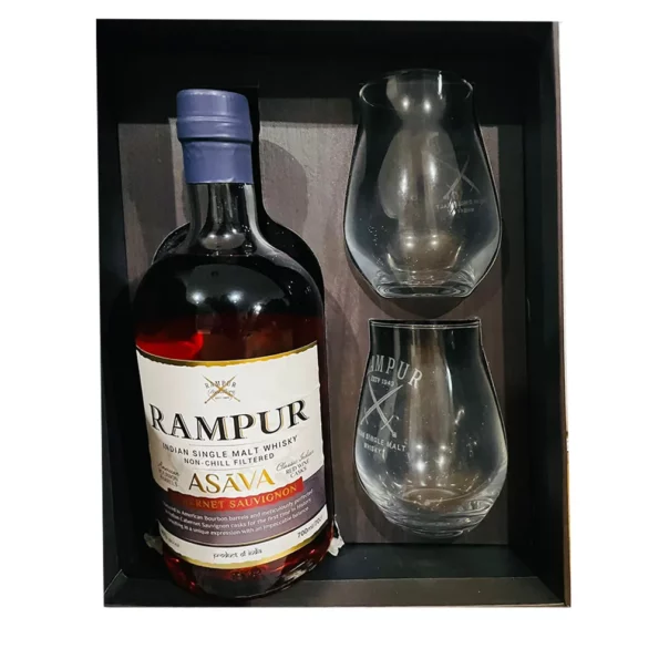 Rampur Asava Indian Single Malt Whisky 700ml gift box with 2 Glasses 2 1