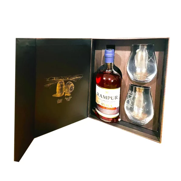 Rampur Asava Indian Single Malt Whisky 700ml gift box with 2 Glasses 3 1